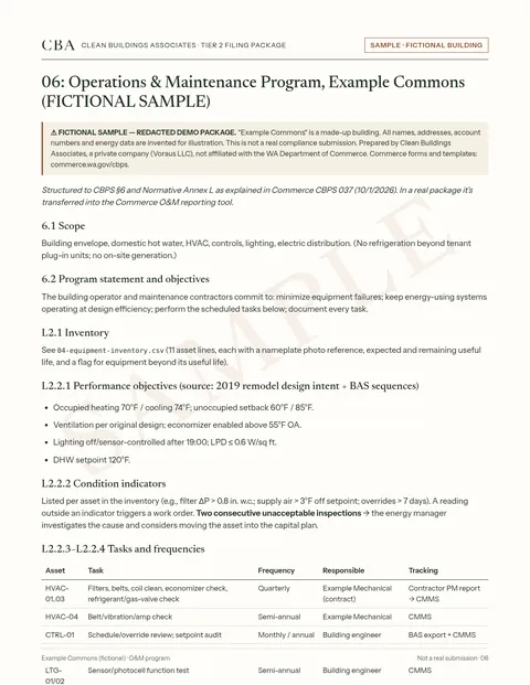 Sample page 06, O&M program, for a fictional building (not a real submission)